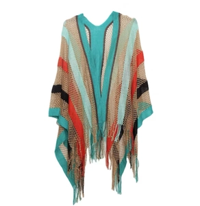 Detail view of colorful rainbow striped knit shawl featuring fringe trim and mesh texture