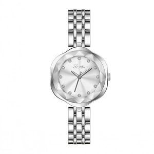 Women Fashion Quartz Watch Flower Shape Bezel Rhinestone Markers Stainless Steel Strap Multi Faceted Glass Elegant
