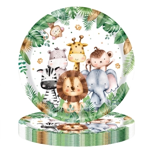 Assiettes 1er anniversaire Wild One avec animaux de la jungle et feuilles de palmier