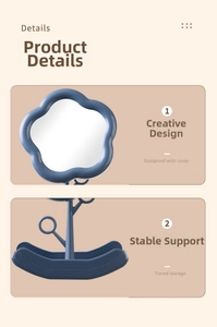 Close-up of cloud shaped vanity mirror with deep blue frame and tiered storage base
