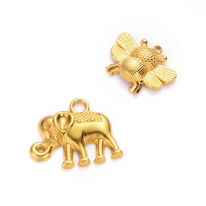Detailed view of gold steel elephant and honey bee animal charms for jewelry making