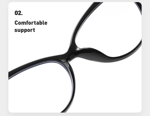 Close-up of ergonomic integrated nose pads on black cat-eye TR90 frames for comfort