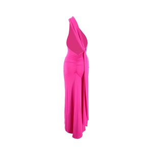 Detailed back view of a hot pink one-shoulder dress with open back and ruched detailing