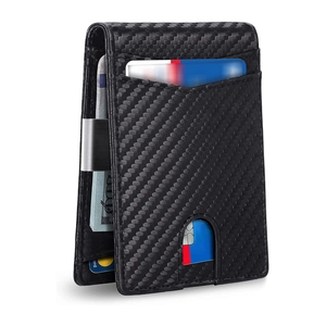 Detail view of carbon fiber texture leather wallet with slim metal money clip design