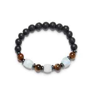 Detailed close-up of volcanic lava stone and tiger eye beaded bracelet with metal spacers
