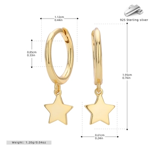 Detailed dimension guide for 925 silver gold-plated star hoop earrings with size specs