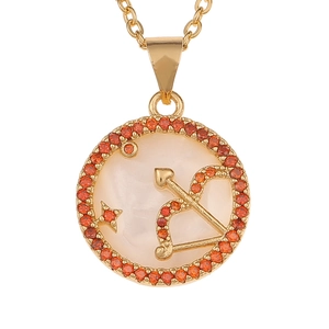 Golden Sagittarius necklace with mother of pearl disc and orange crystal halo