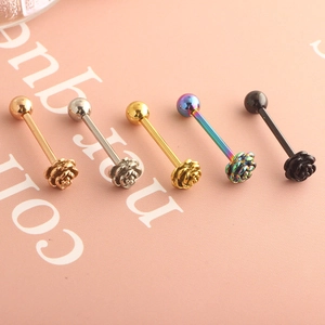 Detail of five 3D rose flower surgical steel tongue barbells in assorted finishes