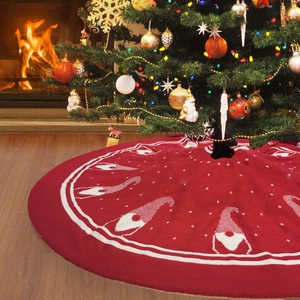 Reversible Christmas Tree Skirt Knitted Gnome Pattern Red And White Holiday Home Floor Decoration Round