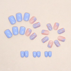 Short square light blue wave pattern press-on nails set with 24 pieces in glossy finish