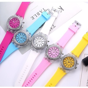 Colorful silicone quartz watches with rhinestone bezels in pink blue and yellow