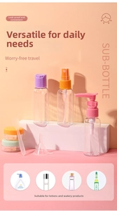 Close-up of clear travel bottle set with pink pump heads and mini cream jars