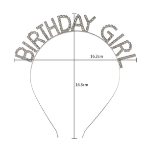 Silver Birthday Girl rhinestone headband showing 16.2cm width and 16.8cm height dimensions