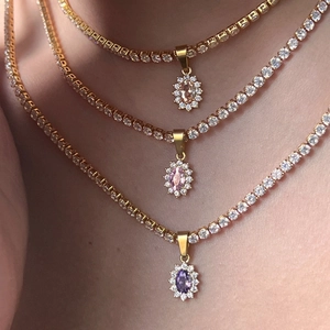 Oval Water Drop Zircon Pendant Necklace 18K Gold Plated Brass Tennis Chain Halo Jewelry For Women Retro Elegant