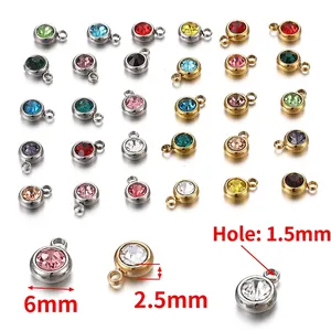 6mm stainless steel round birthstone charms with crystals and 1.5mm hole for DIY jewelry