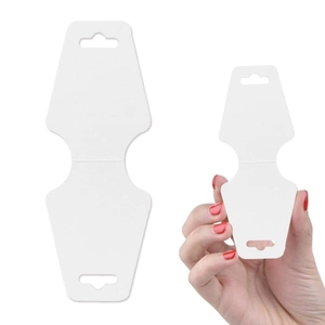 Detailed view of hourglass-shaped white paper jewelry display cards for necklaces
