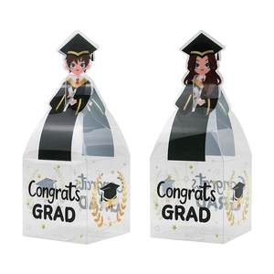Clear PVC graduation candy boxes featuring cartoon student prints and Congrats Grad text