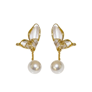 14K gold plated butterfly tassel earrings with white wings and pearl drop pendants
