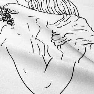 Macro detail showing the diagonal twill texture and black minimalist line art on the tapestry