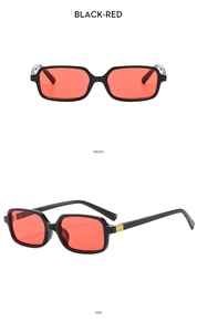 Front and side view of black rectangular sunglasses with red lenses and gold detail