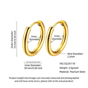 French style gold-plated titanium steel hoop earrings with 15mm outer diameter and 2.5mm width