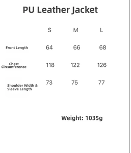 Detailed size chart for oversized PU leather jacket showing bust and length measurements