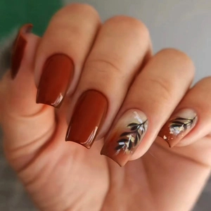 Caramel Brown Square Press On Nails Leaf Pattern Gold Foil Glossy Artificial Fingernails