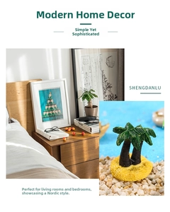 Detail view of miniature resin coconut trees for Mediterranean style beach micro landscape