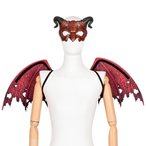 Halloween devil costume set with red demon mask and textured dragon wings on a white base