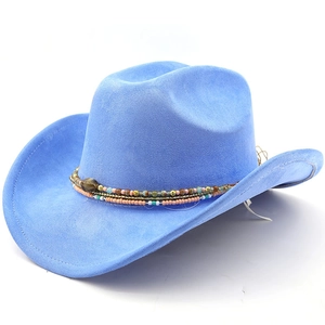 Detail of light blue suede cowboy hat with ethnic colorful beaded strap and gemstone accessory