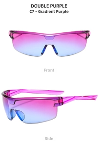 Front and side views of purple gradient cycling sunglasses with wrap-around shield lenses