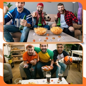 Mini foam sports stress balls shown in a lively living room setting during a game
