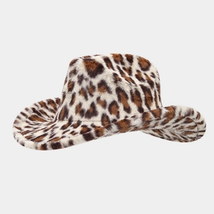 Leopard print faux fur western cowboy hat with wide brim for winter fashion styling