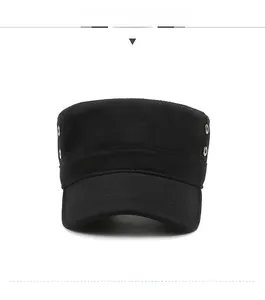 Front view of a black cotton canvas cadet cap with side metal ventilation eyelets