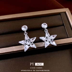 Star Dangle Earrings For Women Alloy Rhinestone Shiny Pentagram Drop Jewelry With 925 Sterling Silver Earring Post