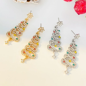 Sparkling Christmas tree dangle earrings with colorful rhinestones in gold and silver finish