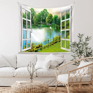 Detail view of 3D window tapestry showing scenic lake and lush green landscape