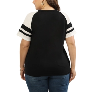Back view of color block raglan T-shirt with sporty striped sleeves and V-neckline