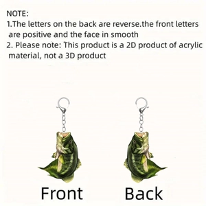 Macro shot of 2D acrylic bass fish keychain with double-sided printing and metal clip