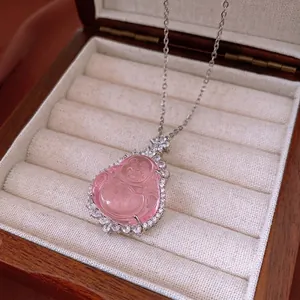 Laughing Buddha Pendant Necklace Copper With Zircon And Pink Resin Flower Charm New Chinese Style Elegant For Women