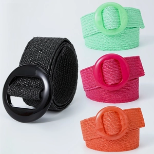 Women Wide Bohemian Woven Straw Waist Belt Vintage Resin Round Buckle Elastic Candy Color Summer Beach Decorative Belt