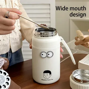 Creamy white 1000ml stainless steel thermal flask with wide mouth and cartoon design