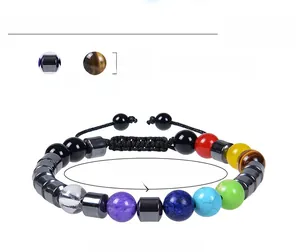 Detail view of 8mm chakra beads with hematite and tiger eye stone on adjustable cord