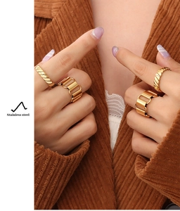 Macro view of gold plated stainless steel rope and wide hollow chain ring set on model