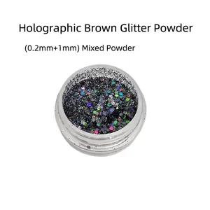 Macro detail of holographic brown laser nail powder with mixed 0.2mm and 1mm sequins