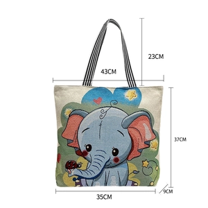 Detailed dimension guide for embroidered animal tote bag with cartoon elephant print