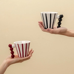 Ceramic Striped Mug With Beaded Handle French Vintage Style Hand Painted Coffee Cup For Home Office Unique Tableware