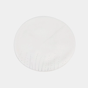 Detail view of white knitted beret with subtle rhinestone embellishments on the fabric