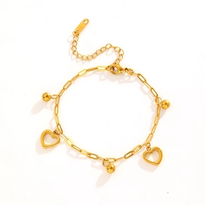 Elegant 18k gold plated stainless steel bracelet featuring beads and hollow heart charms