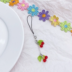 Handmade cherry glass beaded phone strap with red beads and silver metal clasp
